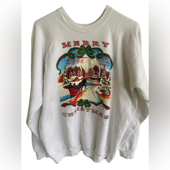 Vintage Merry Christmas Holiday Crewneck Sweatshirt Adult XL 90s Sweater Snow - Picture 2 of 6